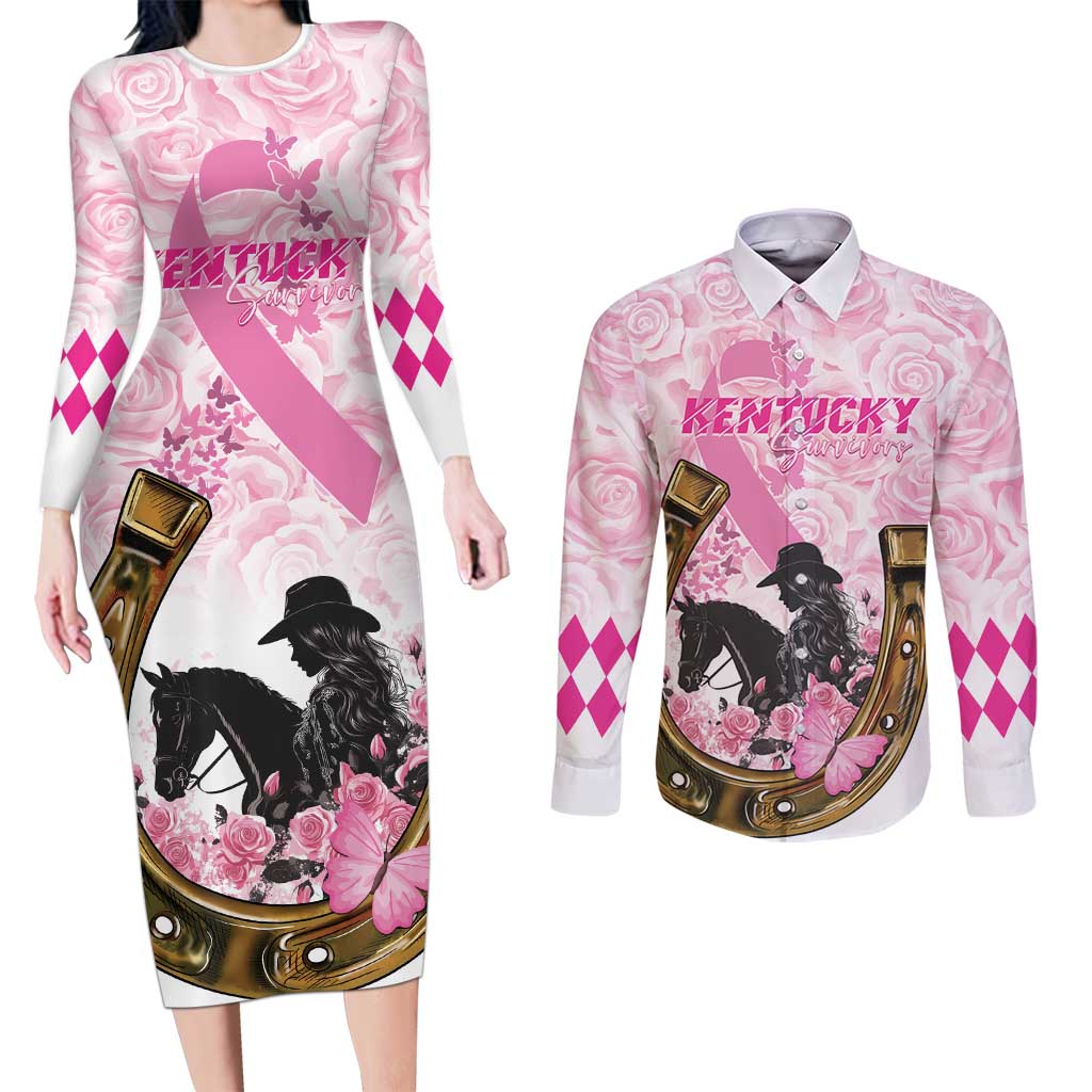 Personalized Kentucky Survivors Couples Matching Long Sleeve Bodycon Dress and Long Sleeve Button Shirt Horse Derby Lady Pink Roses