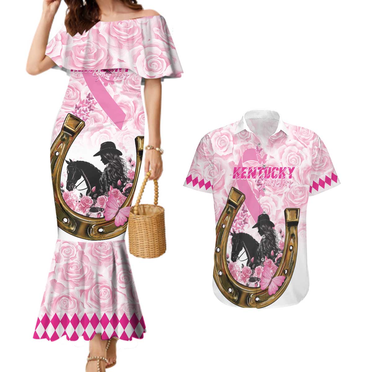 Personalized Kentucky Survivors Couples Matching Mermaid Dress and Hawaiian Shirt Horse Derby Lady Pink Roses
