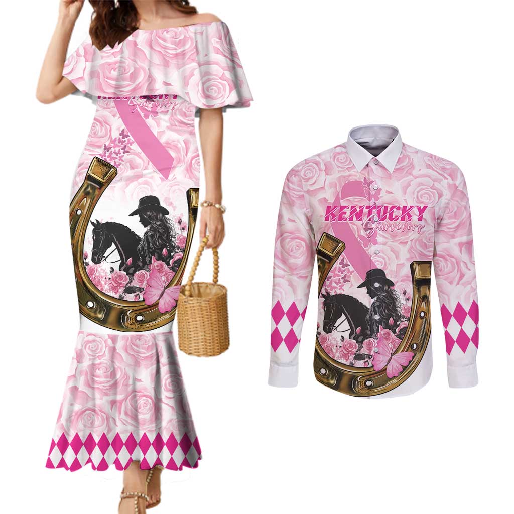 Personalized Kentucky Survivors Couples Matching Mermaid Dress and Long Sleeve Button Shirt Horse Derby Lady Pink Roses