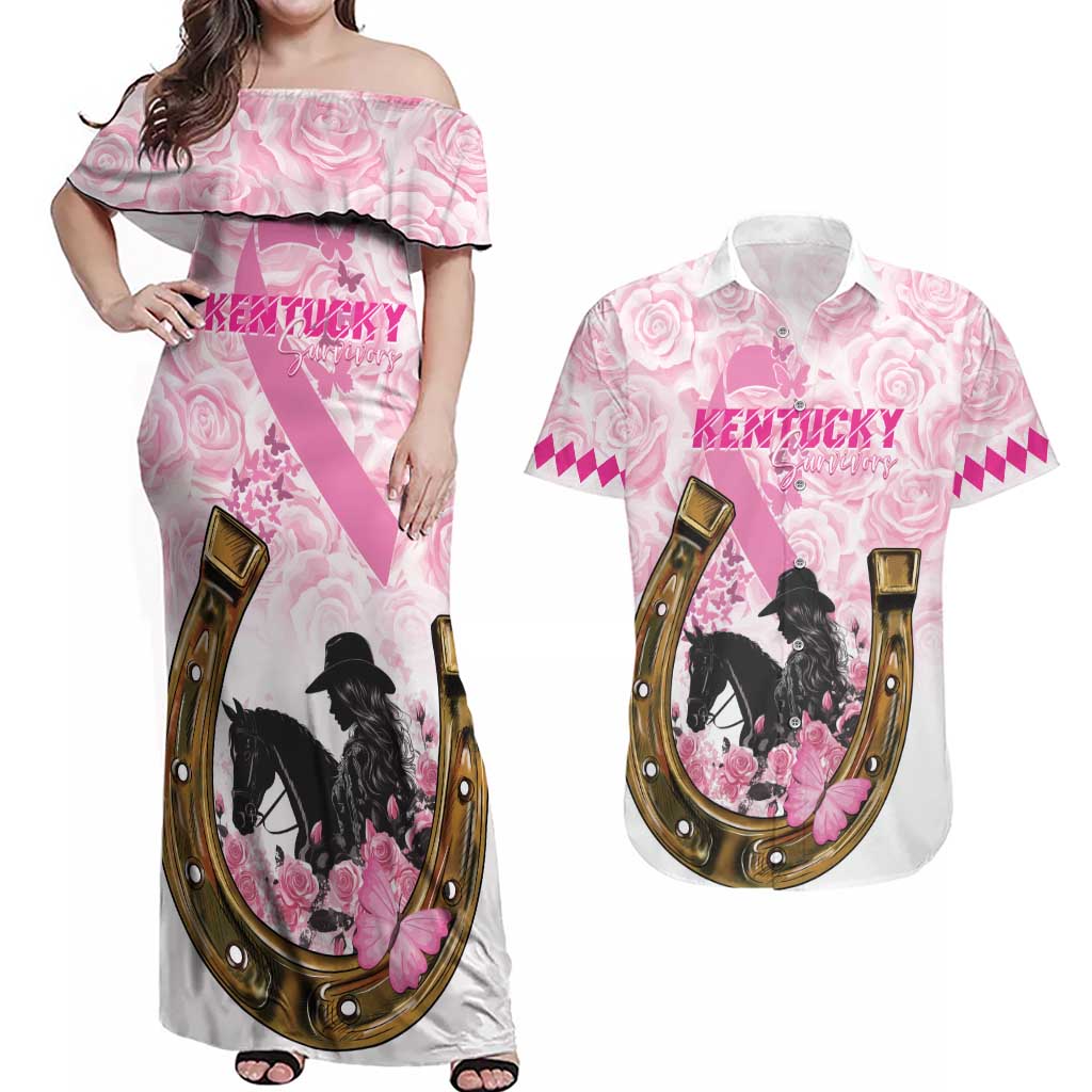 Personalized Kentucky Survivors Couples Matching Off Shoulder Maxi Dress and Hawaiian Shirt Horse Derby Lady Pink Roses