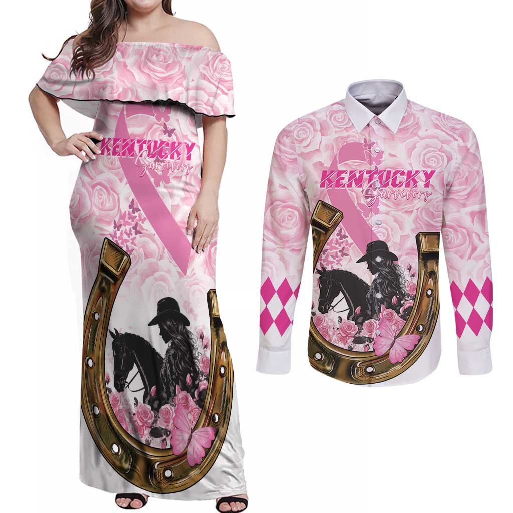 Personalized Kentucky Survivors Couples Matching Off Shoulder Maxi Dress and Long Sleeve Button Shirt Horse Derby Lady Pink Roses