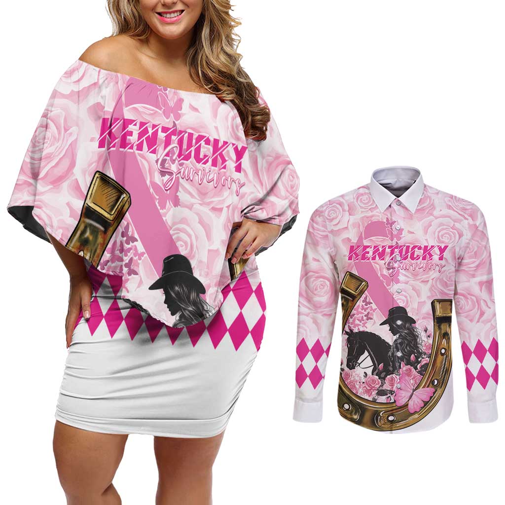 Personalized Kentucky Survivors Couples Matching Off Shoulder Short Dress and Long Sleeve Button Shirt Horse Derby Lady Pink Roses