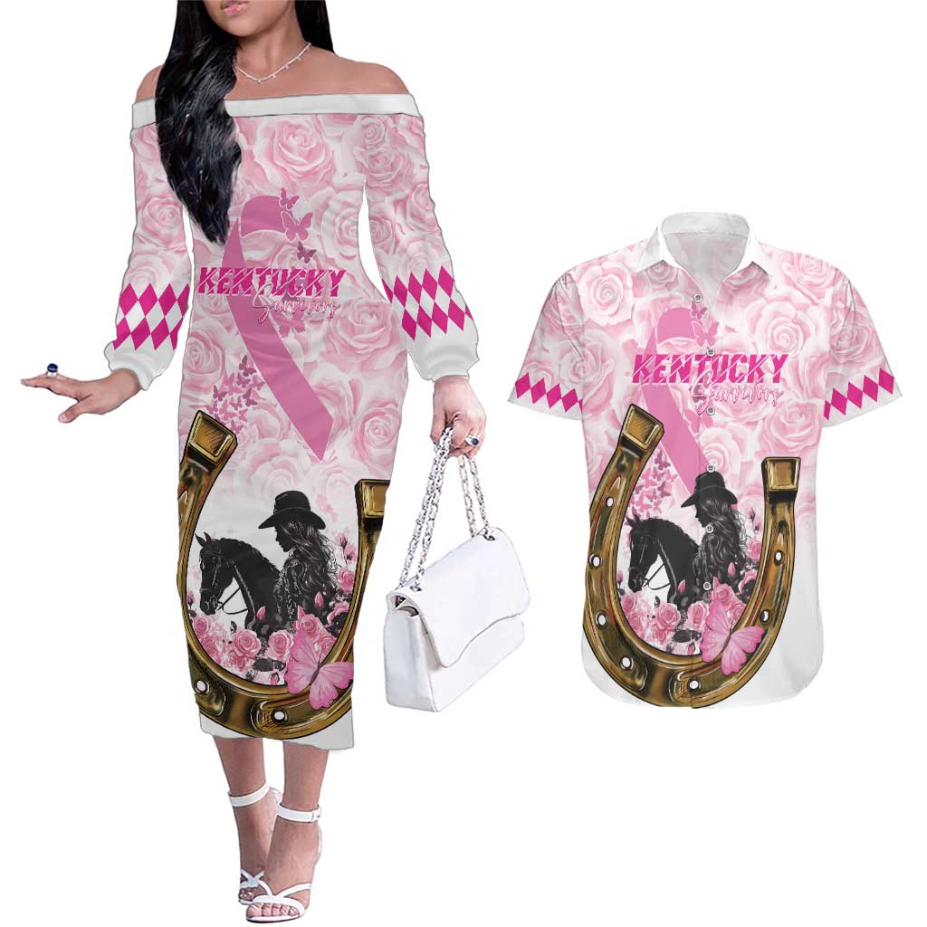 Personalized Kentucky Survivors Couples Matching Off The Shoulder Long Sleeve Dress and Hawaiian Shirt Horse Derby Lady Pink Roses