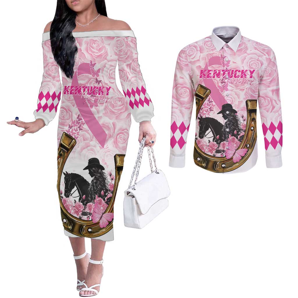 Personalized Kentucky Survivors Couples Matching Off The Shoulder Long Sleeve Dress and Long Sleeve Button Shirt Horse Derby Lady Pink Roses