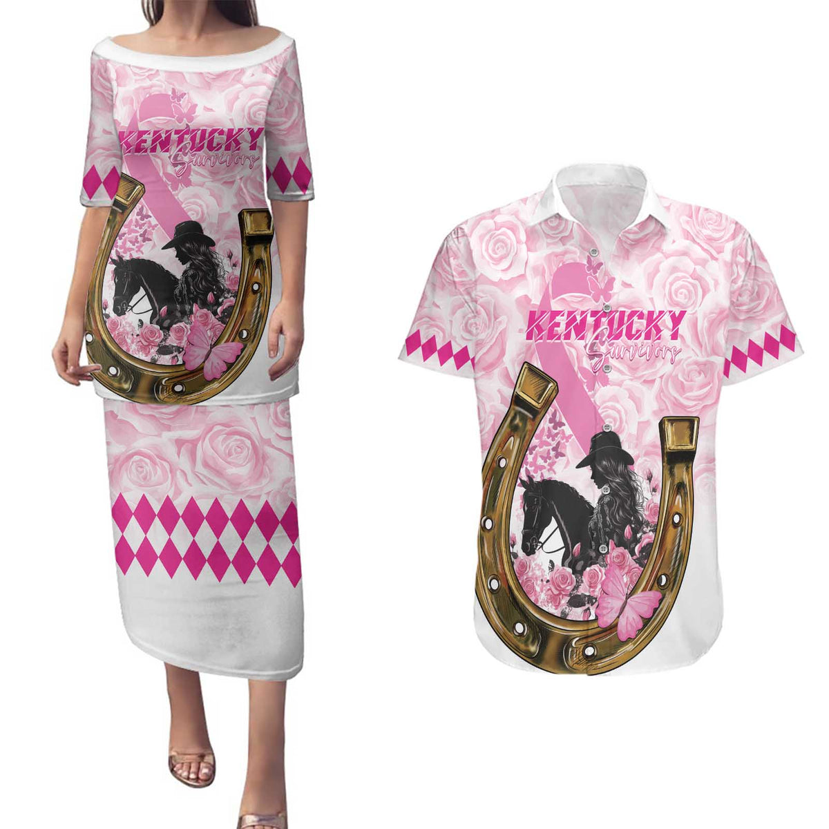 Personalized Kentucky Survivors Couples Matching Puletasi and Hawaiian Shirt Horse Derby Lady Pink Roses