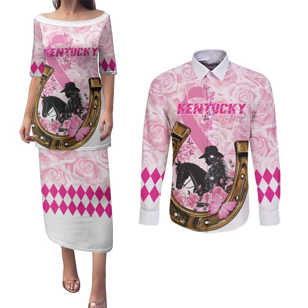 Personalized Kentucky Survivors Couples Matching Puletasi and Long Sleeve Button Shirt Horse Derby Lady Pink Roses