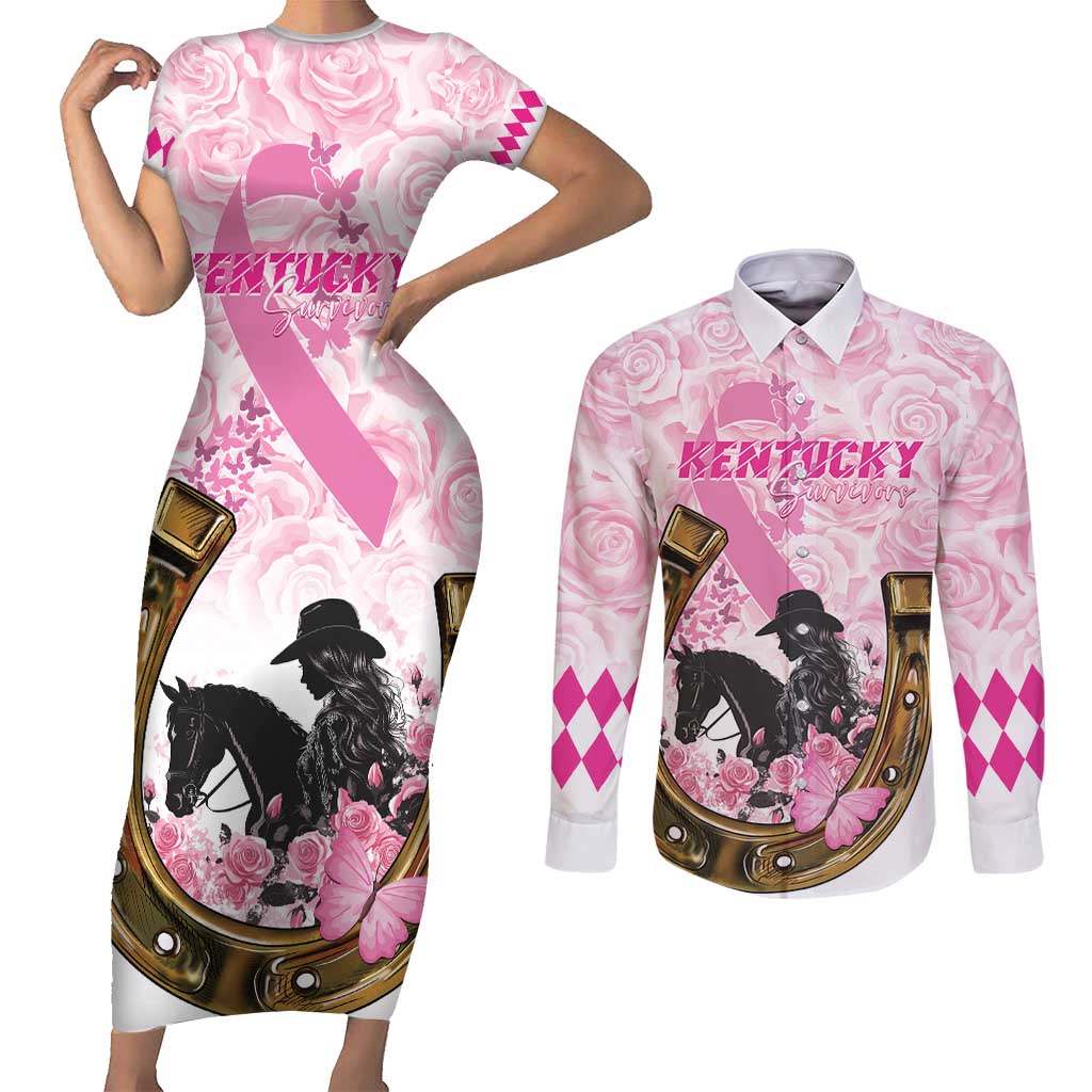Personalized Kentucky Survivors Couples Matching Short Sleeve Bodycon Dress and Long Sleeve Button Shirt Horse Derby Lady Pink Roses
