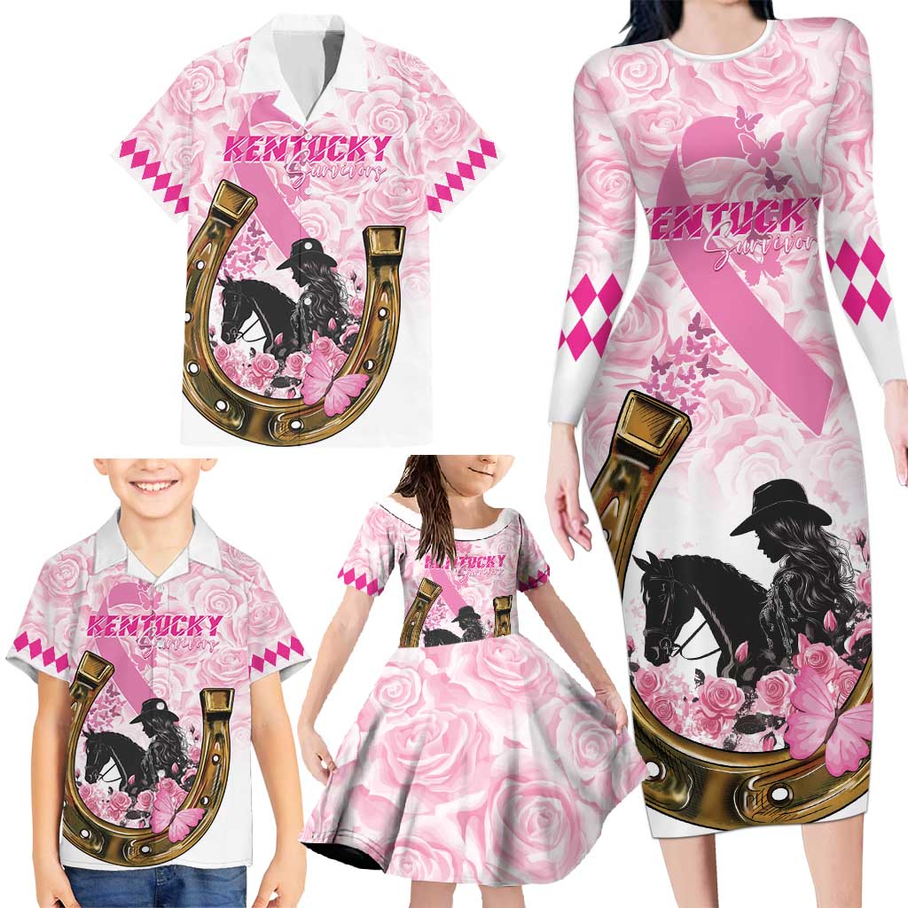 Personalized Kentucky Survivors Family Matching Long Sleeve Bodycon Dress and Hawaiian Shirt Horse Derby Lady Pink Roses