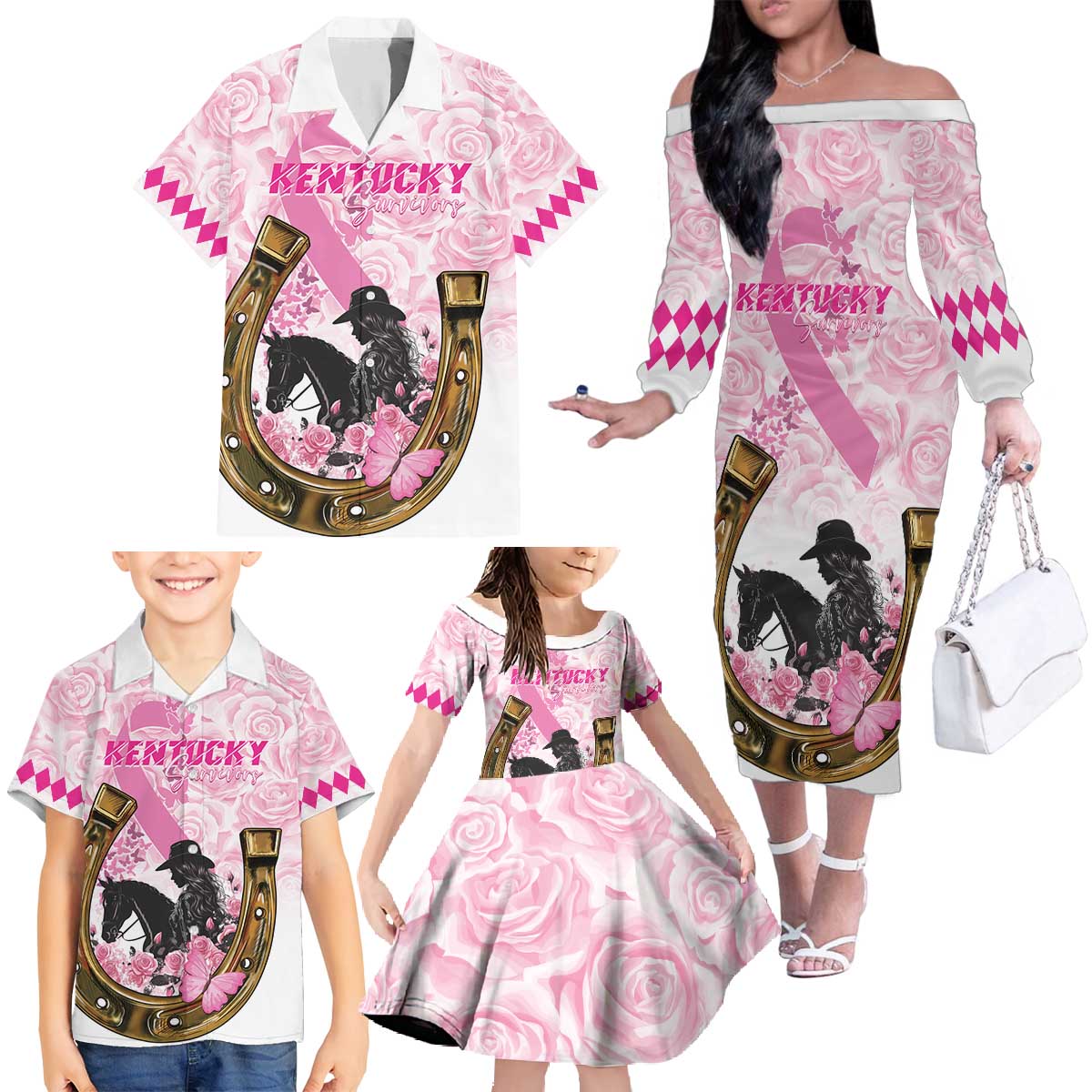 Personalized Kentucky Survivors Family Matching Off The Shoulder Long Sleeve Dress and Hawaiian Shirt Horse Derby Lady Pink Roses