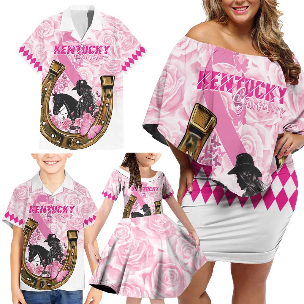 Personalized Kentucky Survivors Family Matching Off Shoulder Short Dress and Hawaiian Shirt Horse Derby Lady Pink Roses