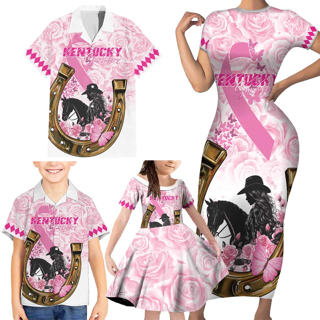 Personalized Kentucky Survivors Family Matching Short Sleeve Bodycon Dress and Hawaiian Shirt Horse Derby Lady Pink Roses