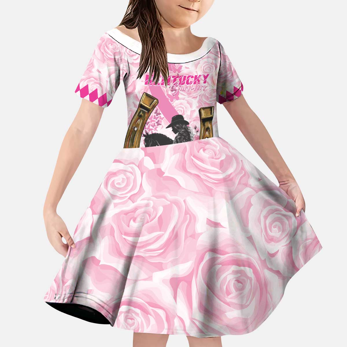 Personalized Kentucky Survivors Kid Short Sleeve Dress Horse Derby Lady Pink Roses