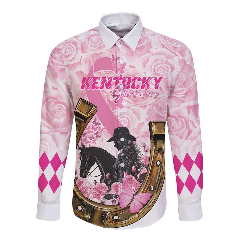 Personalized Kentucky Survivors Long Sleeve Button Shirt Horse Derby Lady Pink Roses