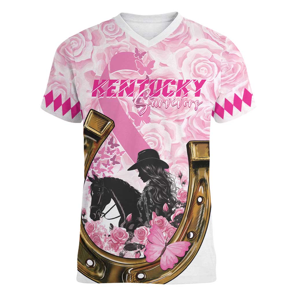 Personalized Kentucky Survivors Women V-Neck T-Shirt Horse Derby Lady Pink Roses