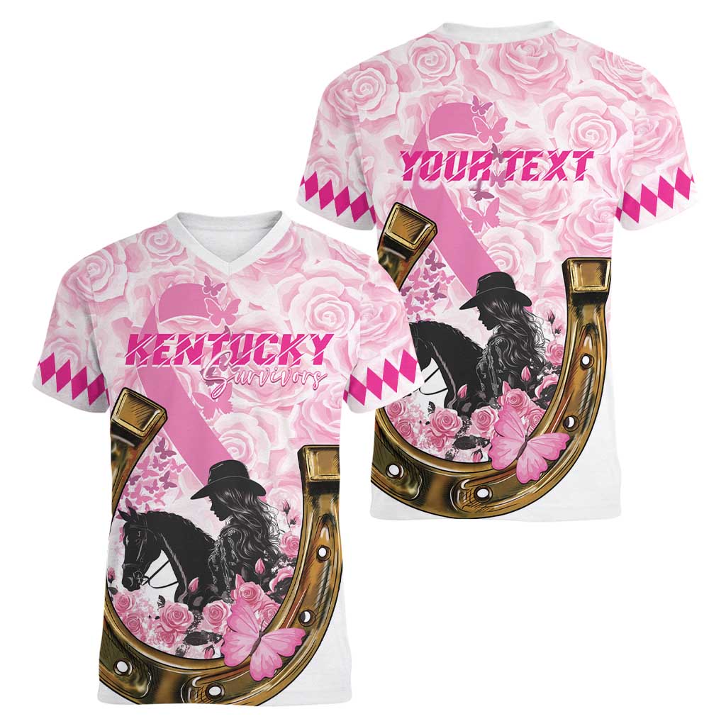 Personalized Kentucky Survivors Women V-Neck T-Shirt Horse Derby Lady Pink Roses