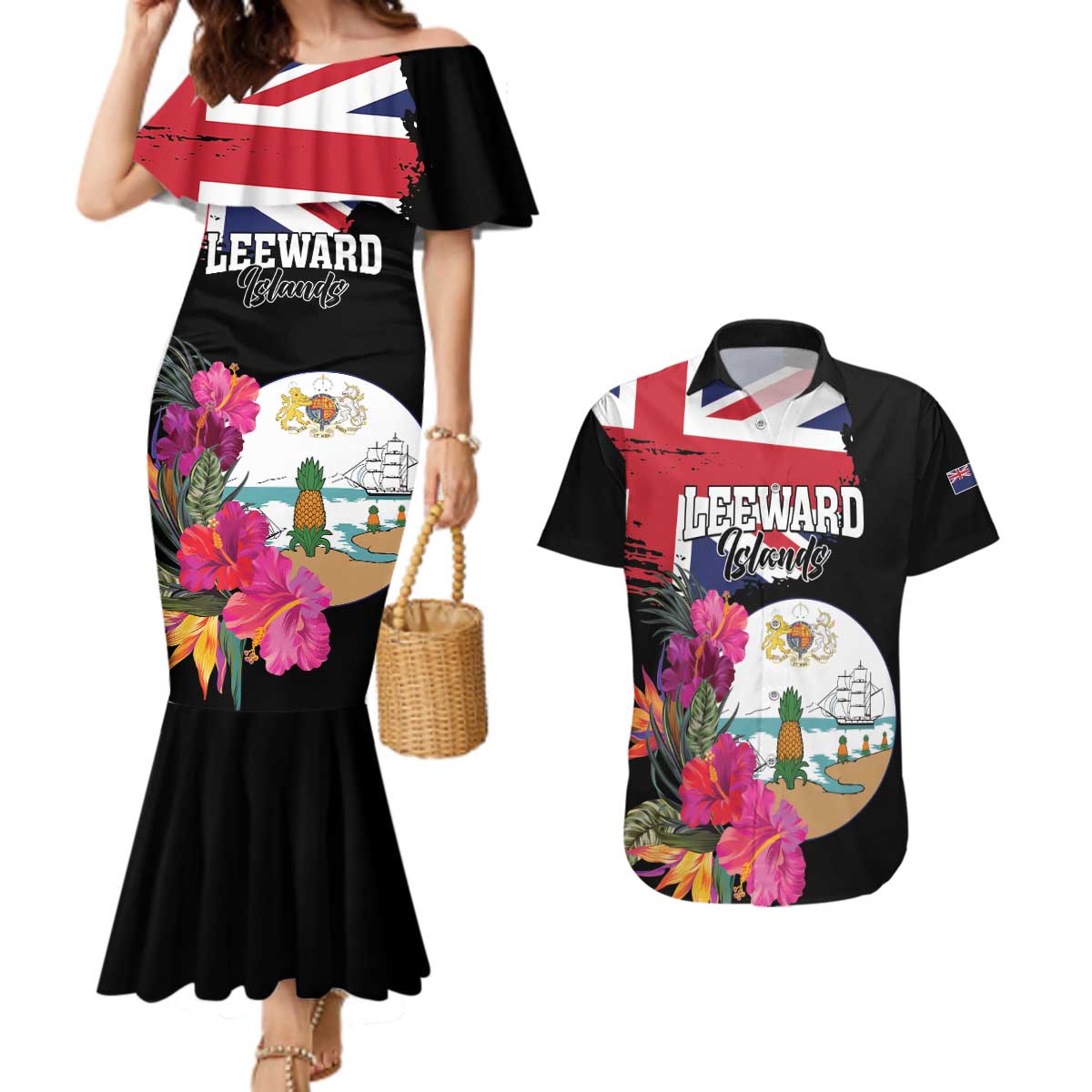 Personalised Bonaire Couples Matching Mermaid Dress and Hawaiian Shirt Boneiru Coat of Arms