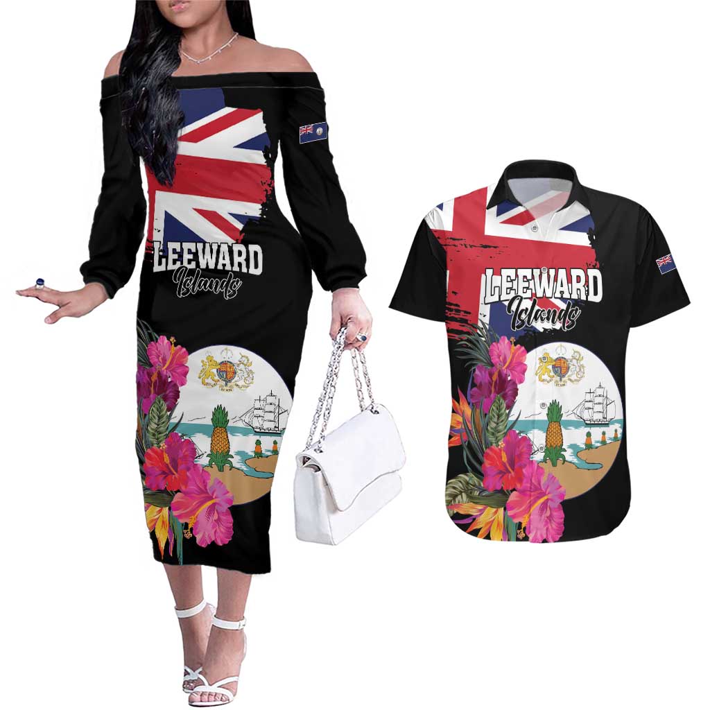 Personalised Bonaire Couples Matching Off The Shoulder Long Sleeve Dress and Hawaiian Shirt Boneiru Coat of Arms