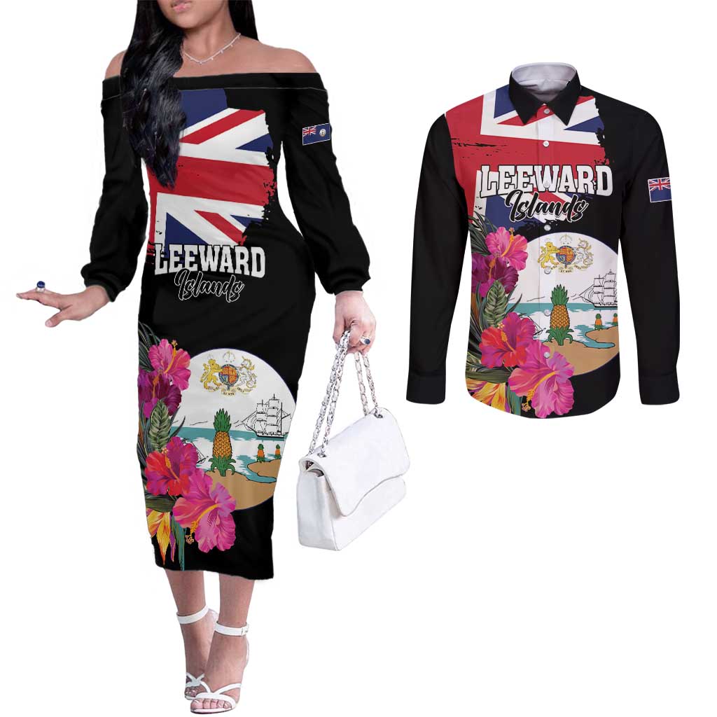 Personalised Bonaire Couples Matching Off The Shoulder Long Sleeve Dress and Long Sleeve Button Shirt Boneiru Coat of Arms