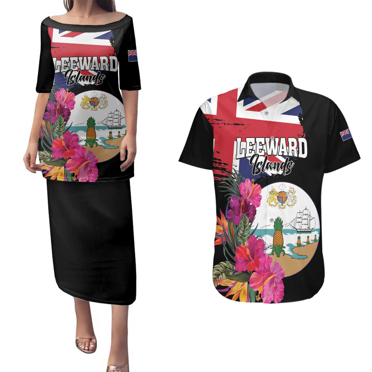 Personalised Bonaire Couples Matching Puletasi and Hawaiian Shirt Boneiru Coat of Arms