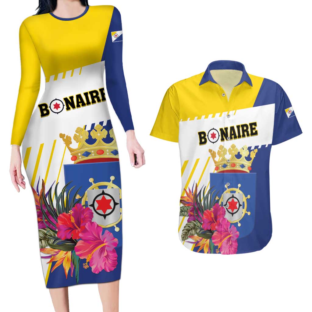 Personalised British Leeward Islands Couples Matching Long Sleeve Bodycon Dress and Hawaiian Shirt Tropical Flower Grunge Style