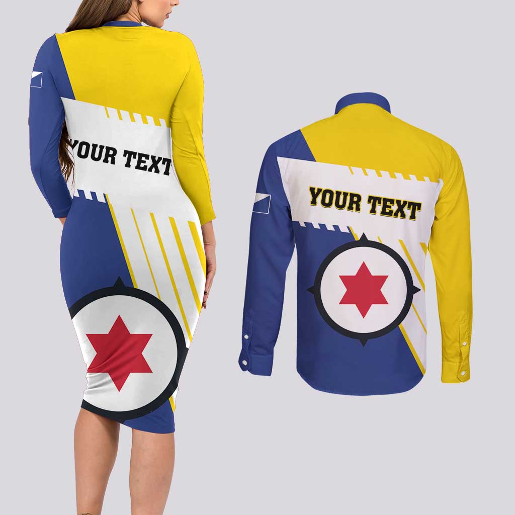 Personalised British Leeward Islands Couples Matching Long Sleeve Bodycon Dress and Long Sleeve Button Shirt Tropical Flower Grunge Style