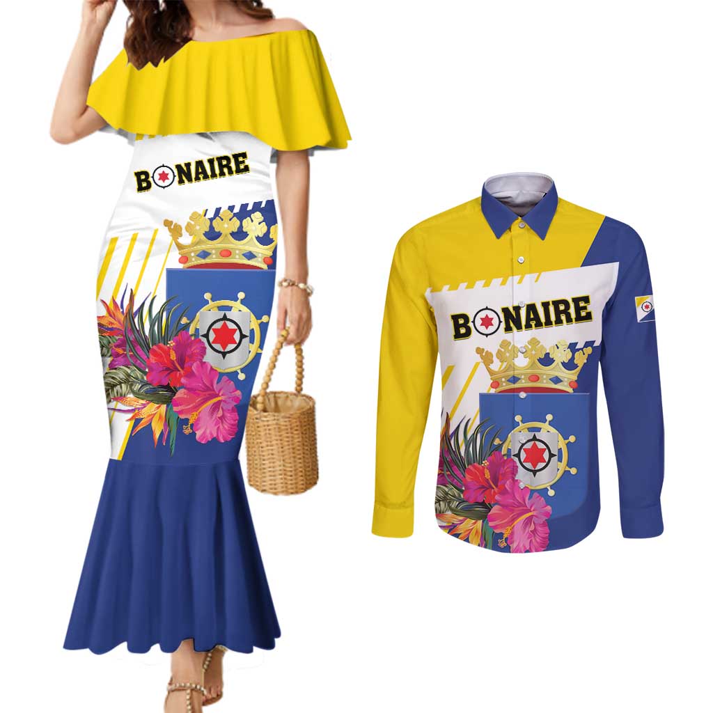 Personalised British Leeward Islands Couples Matching Mermaid Dress and Long Sleeve Button Shirt Tropical Flower Grunge Style
