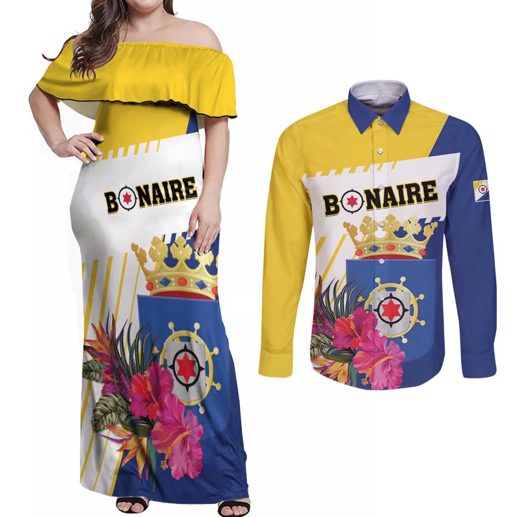 Personalised British Leeward Islands Couples Matching Off Shoulder Maxi Dress and Long Sleeve Button Shirt Tropical Flower Grunge Style