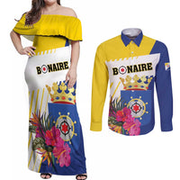 Personalised British Leeward Islands Couples Matching Off Shoulder Maxi Dress and Long Sleeve Button Shirt Tropical Flower Grunge Style