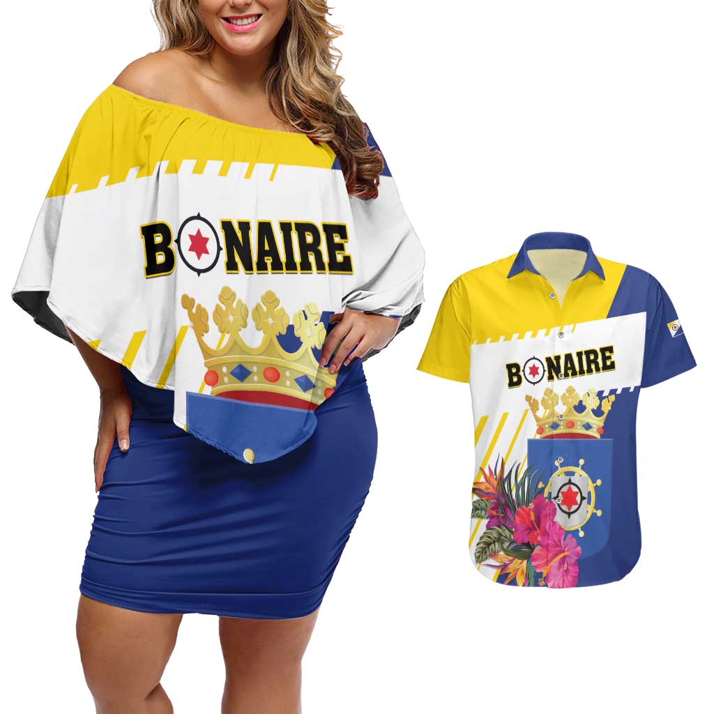 Personalised British Leeward Islands Couples Matching Off Shoulder Short Dress and Hawaiian Shirt Tropical Flower Grunge Style