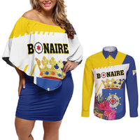 Personalised British Leeward Islands Couples Matching Off Shoulder Short Dress and Long Sleeve Button Shirt Tropical Flower Grunge Style