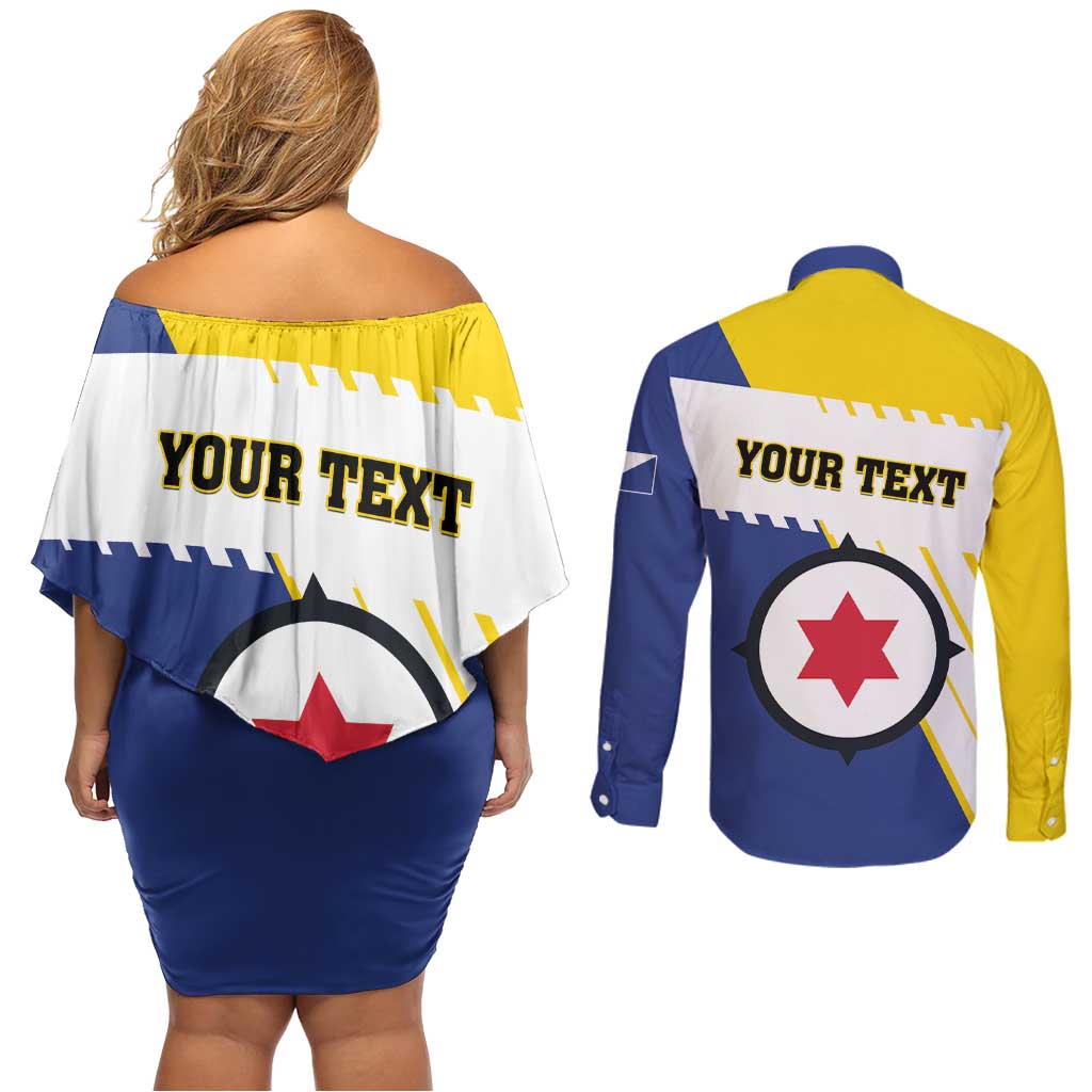 Personalised British Leeward Islands Couples Matching Off Shoulder Short Dress and Long Sleeve Button Shirt Tropical Flower Grunge Style