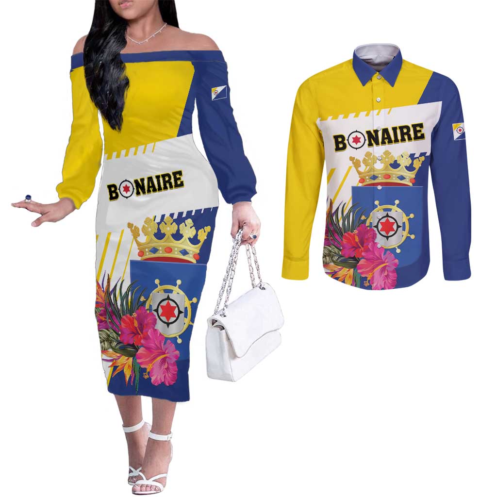 Personalised British Leeward Islands Couples Matching Off The Shoulder Long Sleeve Dress and Long Sleeve Button Shirt Tropical Flower Grunge Style