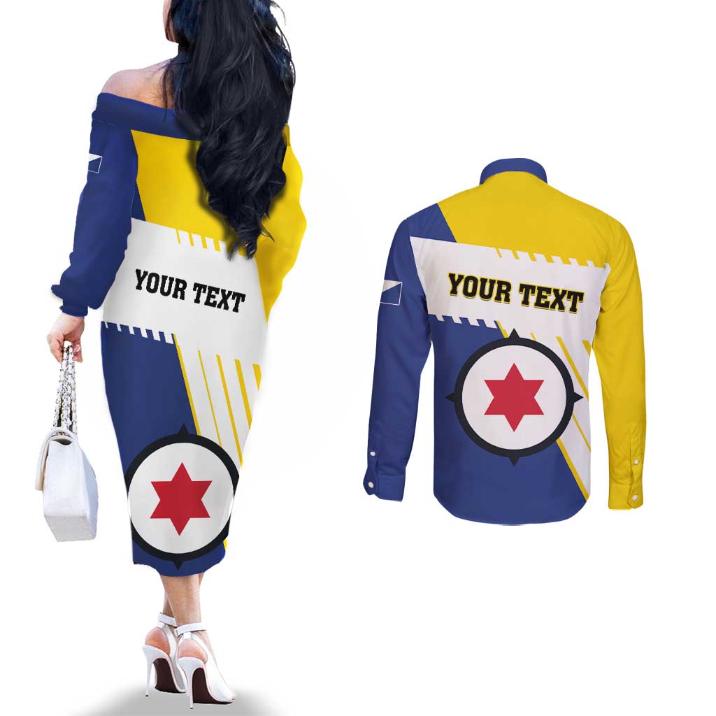 Personalised British Leeward Islands Couples Matching Off The Shoulder Long Sleeve Dress and Long Sleeve Button Shirt Tropical Flower Grunge Style