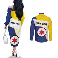 Personalised British Leeward Islands Couples Matching Off The Shoulder Long Sleeve Dress and Long Sleeve Button Shirt Tropical Flower Grunge Style