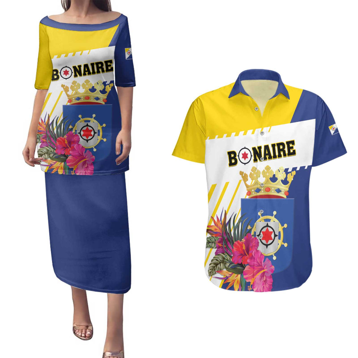 Personalised British Leeward Islands Couples Matching Puletasi and Hawaiian Shirt Tropical Flower Grunge Style