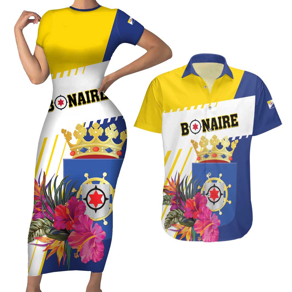 Personalised British Leeward Islands Couples Matching Short Sleeve Bodycon Dress and Hawaiian Shirt Tropical Flower Grunge Style