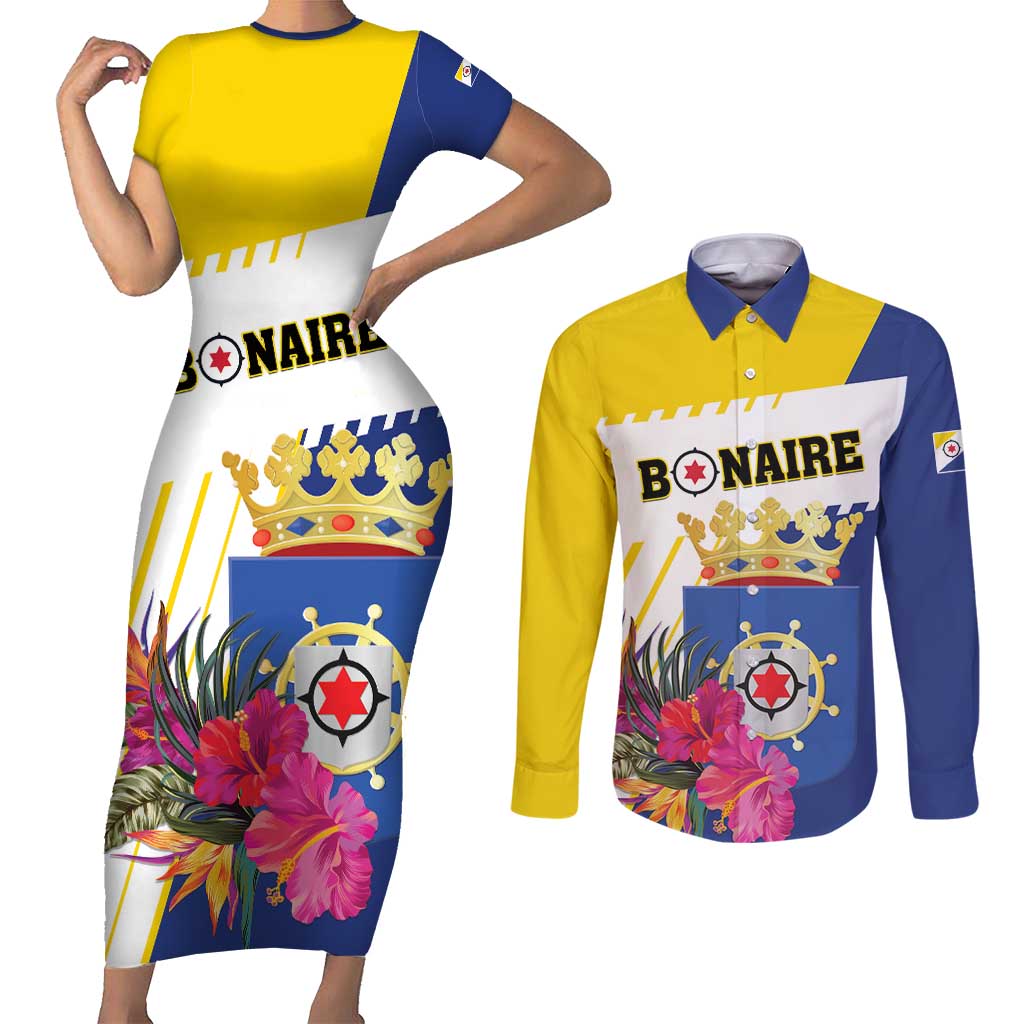 Personalised British Leeward Islands Couples Matching Short Sleeve Bodycon Dress and Long Sleeve Button Shirt Tropical Flower Grunge Style