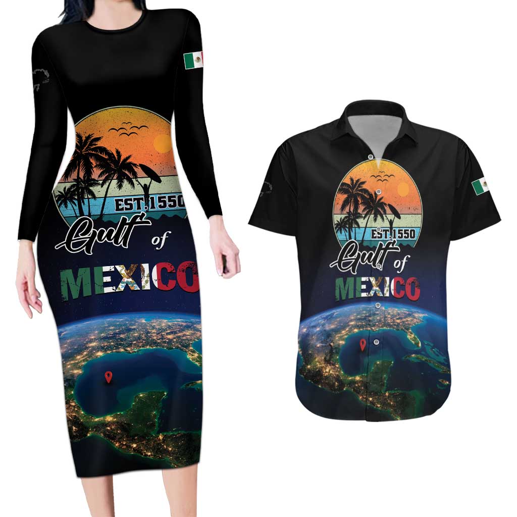 Personalized Gulf Of Mexico Est 1550 Couples Matching Long Sleeve Bodycon Dress and Hawaiian Shirt Gulf Of Mexico From Space
