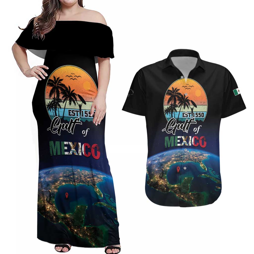 Personalized Gulf Of Mexico Est 1550 Couples Matching Off Shoulder Maxi Dress and Hawaiian Shirt Gulf Of Mexico From Space