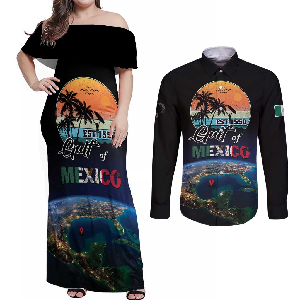 Personalized Gulf Of Mexico Est 1550 Couples Matching Off Shoulder Maxi Dress and Long Sleeve Button Shirt Gulf Of Mexico From Space