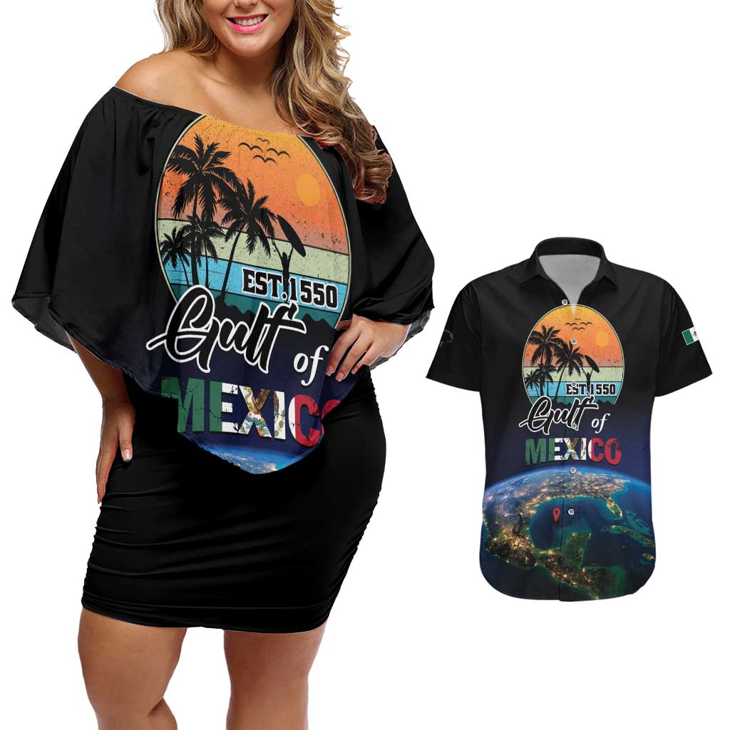 Personalized Gulf Of Mexico Est 1550 Couples Matching Off Shoulder Short Dress and Hawaiian Shirt Gulf Of Mexico From Space