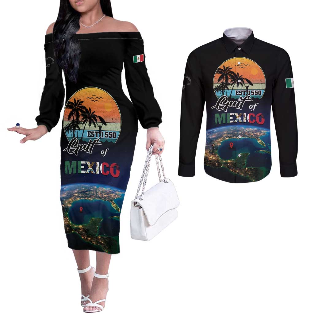 Personalized Gulf Of Mexico Est 1550 Couples Matching Off The Shoulder Long Sleeve Dress and Long Sleeve Button Shirt Gulf Of Mexico From Space