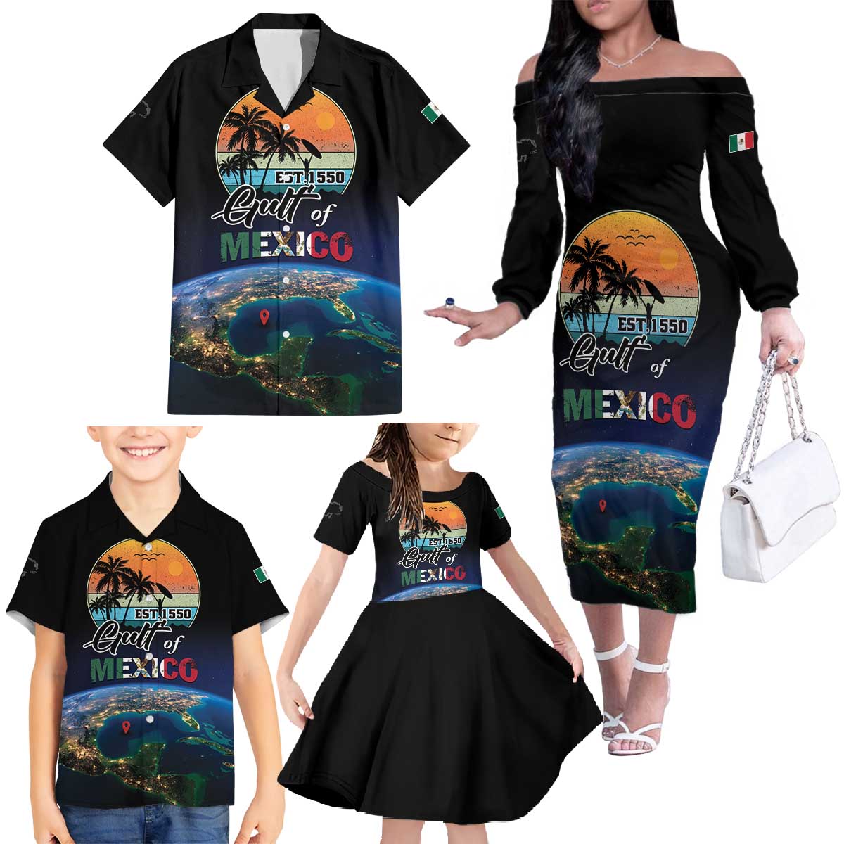 Personalized Gulf Of Mexico Est 1550 Family Matching Off The Shoulder Long Sleeve Dress and Hawaiian Shirt Gulf Of Mexico From Space