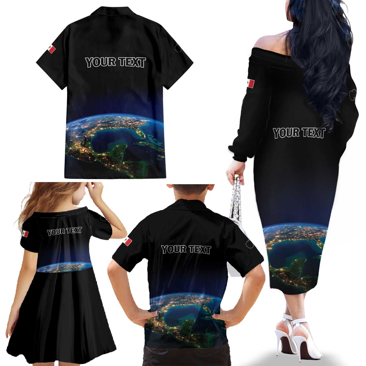 Personalized Gulf Of Mexico Est 1550 Family Matching Off The Shoulder Long Sleeve Dress and Hawaiian Shirt Gulf Of Mexico From Space