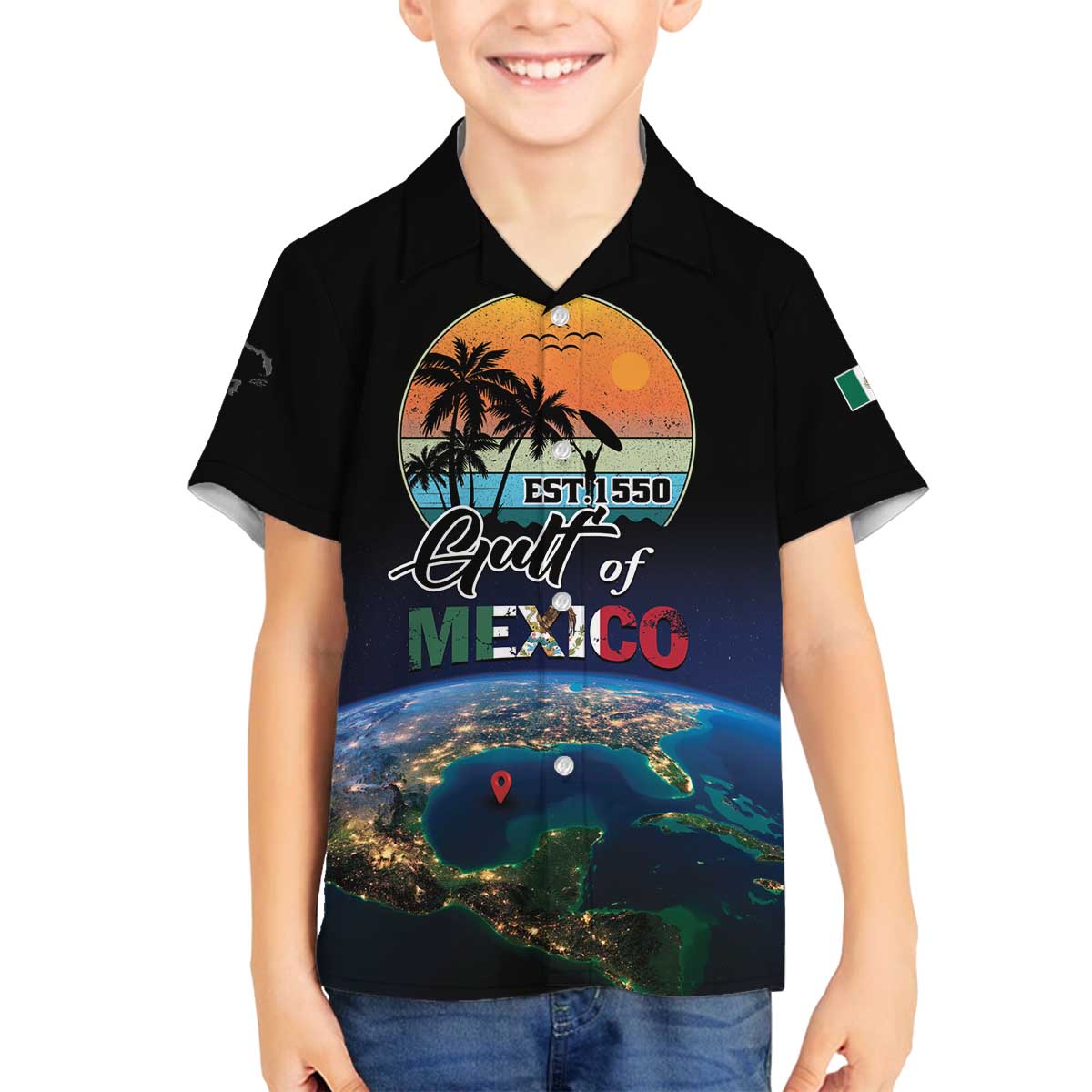Personalized Gulf Of Mexico Est 1550 Family Matching Off The Shoulder Long Sleeve Dress and Hawaiian Shirt Gulf Of Mexico From Space