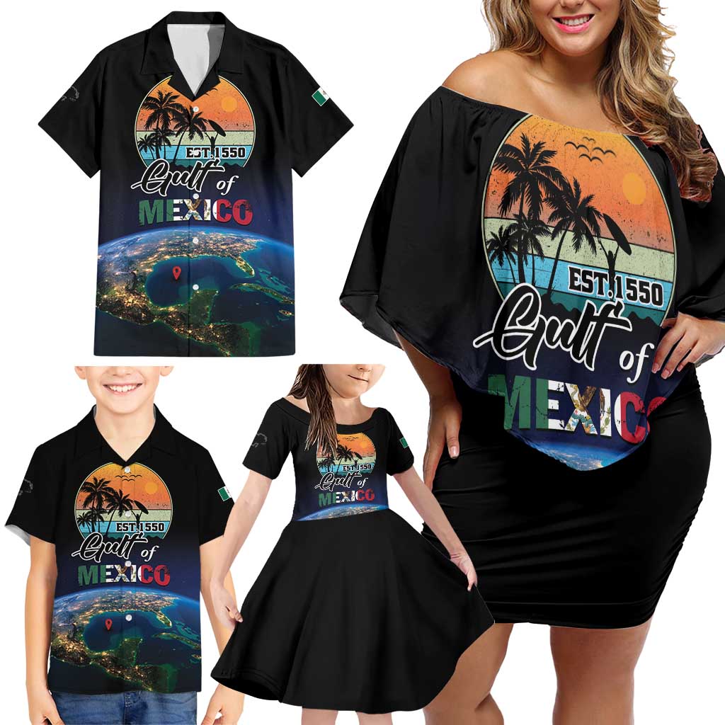 Personalized Gulf Of Mexico Est 1550 Family Matching Off Shoulder Short Dress and Hawaiian Shirt Gulf Of Mexico From Space