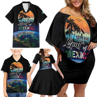 Personalized Gulf Of Mexico Est 1550 Family Matching Off Shoulder Short Dress and Hawaiian Shirt Gulf Of Mexico From Space
