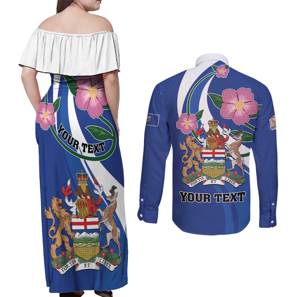 Personalized Canada Alberta Province Couples Matching Off Shoulder Maxi Dress and Long Sleeve Button Shirt Wild Rose Fortis et liber