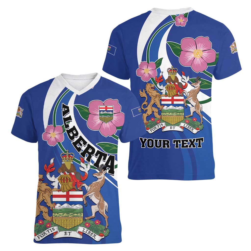 Personalized Canada Alberta Province Women V-Neck T-Shirt Wild Rose Fortis et liber