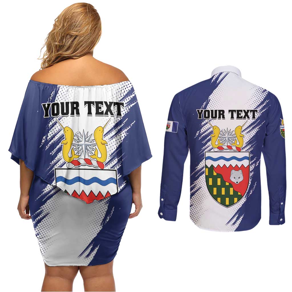 Personalized Canada Northwest Territories Couples Matching Off Shoulder Short Dress and Long Sleeve Button Shirt White Fox Grunge Stylized